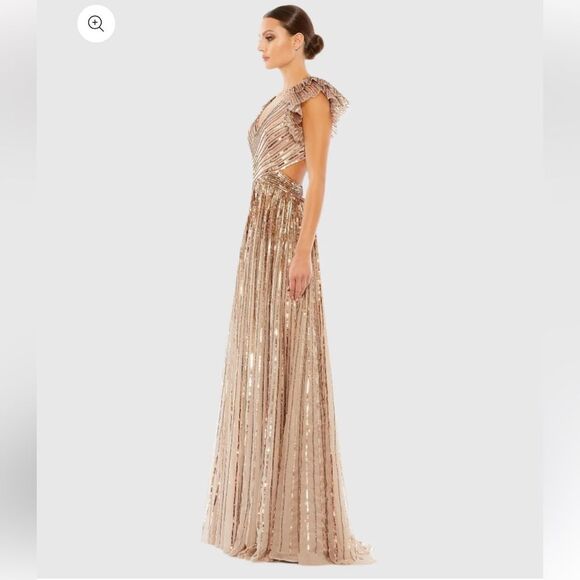 MAC DUGGAL Beige Sequined Cut Out Ruffled Cap Sleeve Lace Up Gown 5568 NWT 4 - Picture 2 of 15